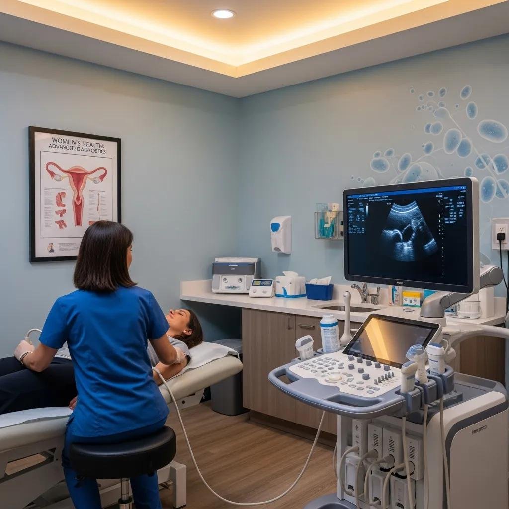 Advanced pelvic ultrasound machine in use at a private gynaecology clinic