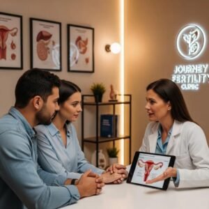 Couple consulting with a private fertility doctor in a modern clinic, highlighting personalized fertility care