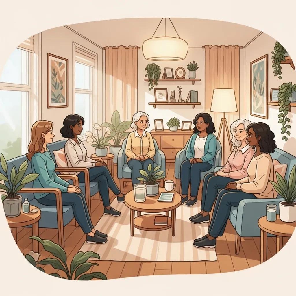 Diverse group of women in a cozy clinic discussing menopause symptoms and treatments