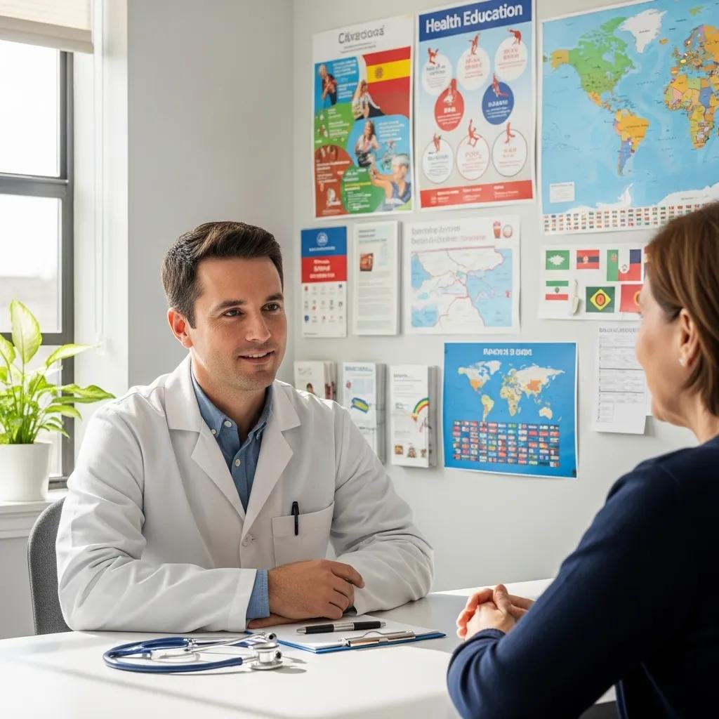Healthcare professional providing personalized and multilingual care to a patient in a consultation room